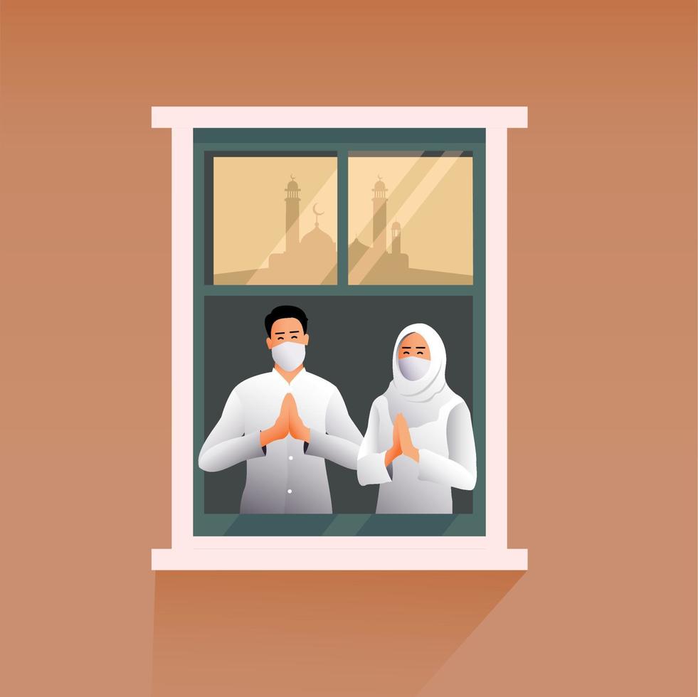 eid Mubarak islámico moeslim día saludo desde joven Pareja matrimonio utilizar máscara en ventana ilustración vector