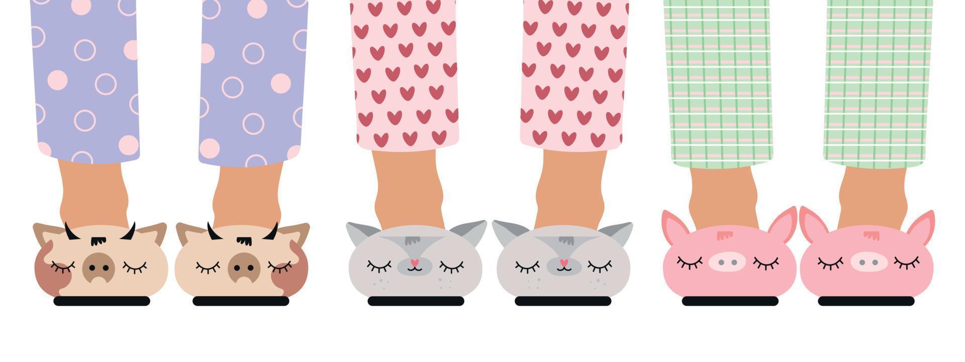 Children's feet in funny slippers. A set of children's feet in slippers with animals. Pajama party, kids holiday.Vector illustration isolated on white background. vector