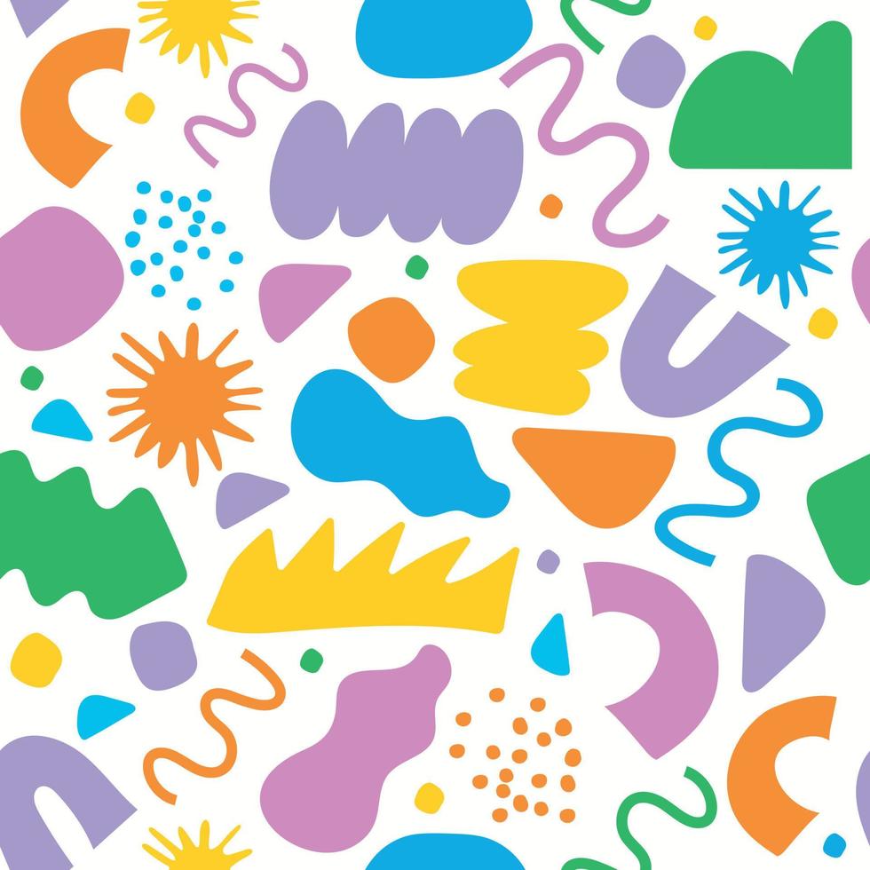 Abstract seamless pattern with colorful doodles inspired by Matisse. Flat cartoon background, simple random shapes in bright childish colors. vector