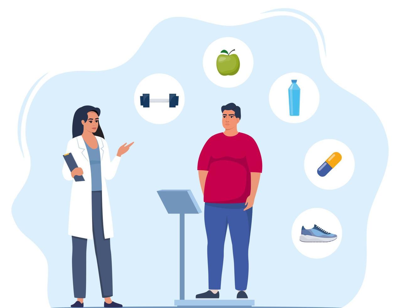 Fat man standing on weigh scales. Doctor explain about health and how to loose weight, Obese patient, fat control instruction, diabetes patient, control calories, sports. Vector illustration.