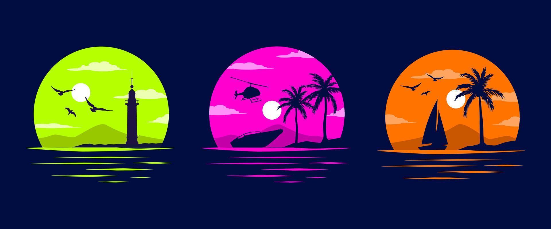 faro, playa y mar costa. Miami California Hawai diseño. antiguo colegio tatuaje vector Arte. rojo puestas de sol con siluetas vector gráficos para vestir camiseta