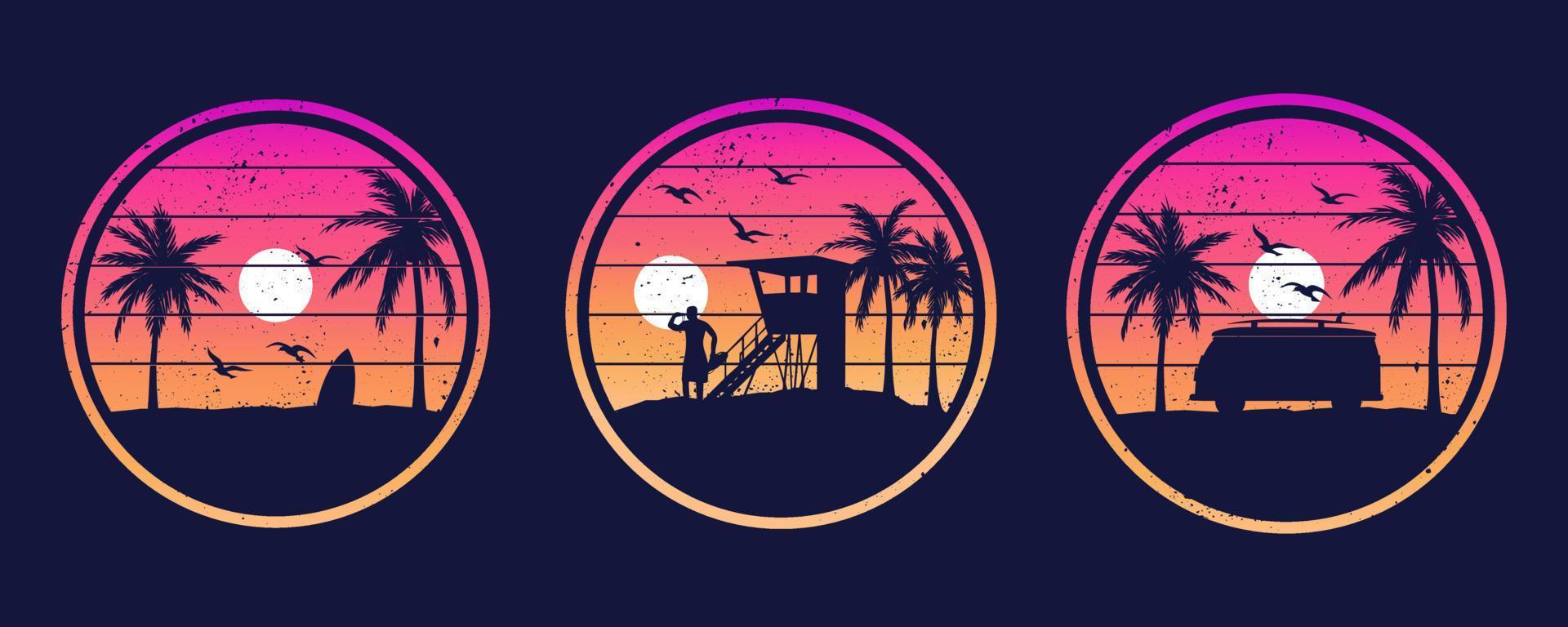 Collection of tshirt prints in vacation style. Miami LA USA Hawaii good vibes. Vector graphic templates for apparel and clothing