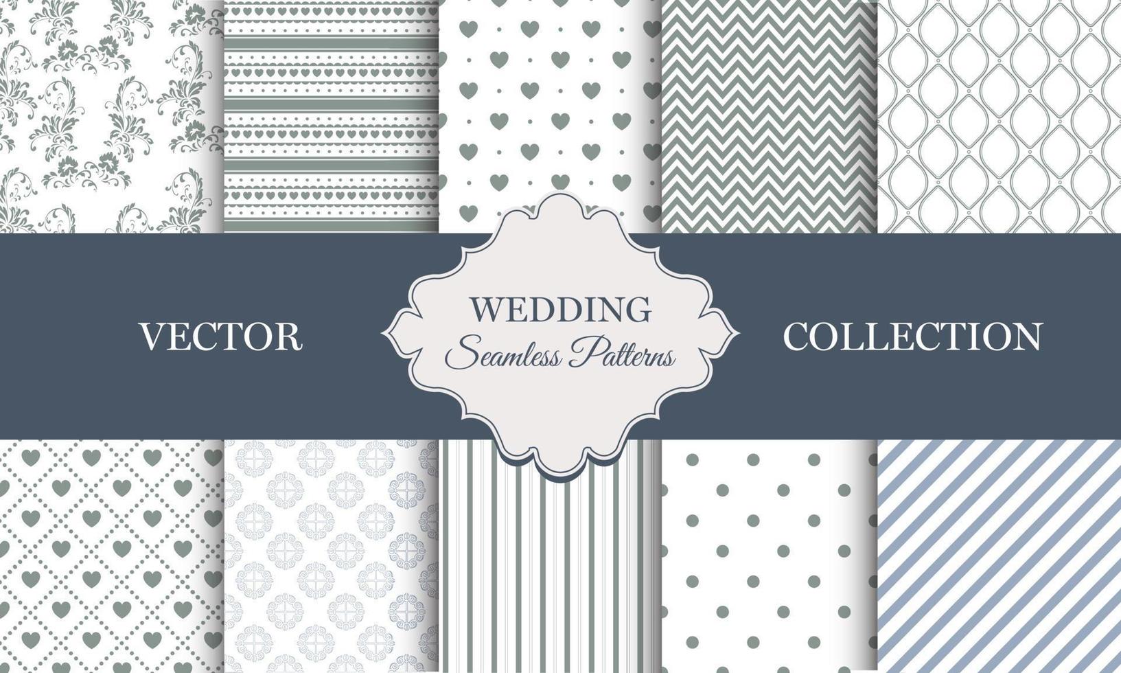 Collection of Wedding Seamless Patterns. Vector set of anniversary graphics. Ornament and decorative background for gift cards, invitations and print projects. Romance vibes.