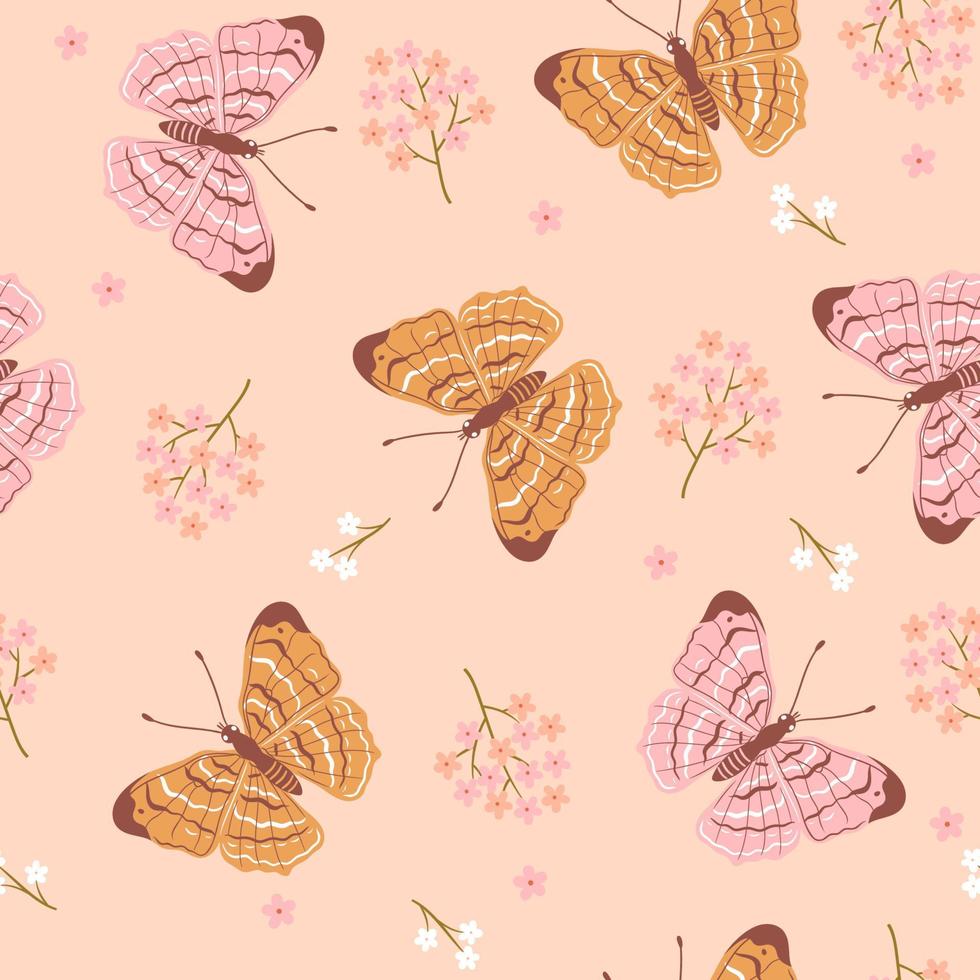 Spring pattern with yellow and pink butterflies and flowers. Vector graphics.