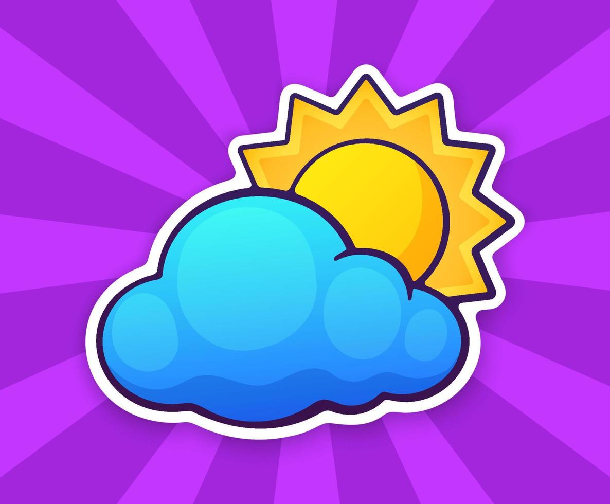 Sun disappeared behind a cloud. Weather symbol. Sticker in cartoon style with contour vector