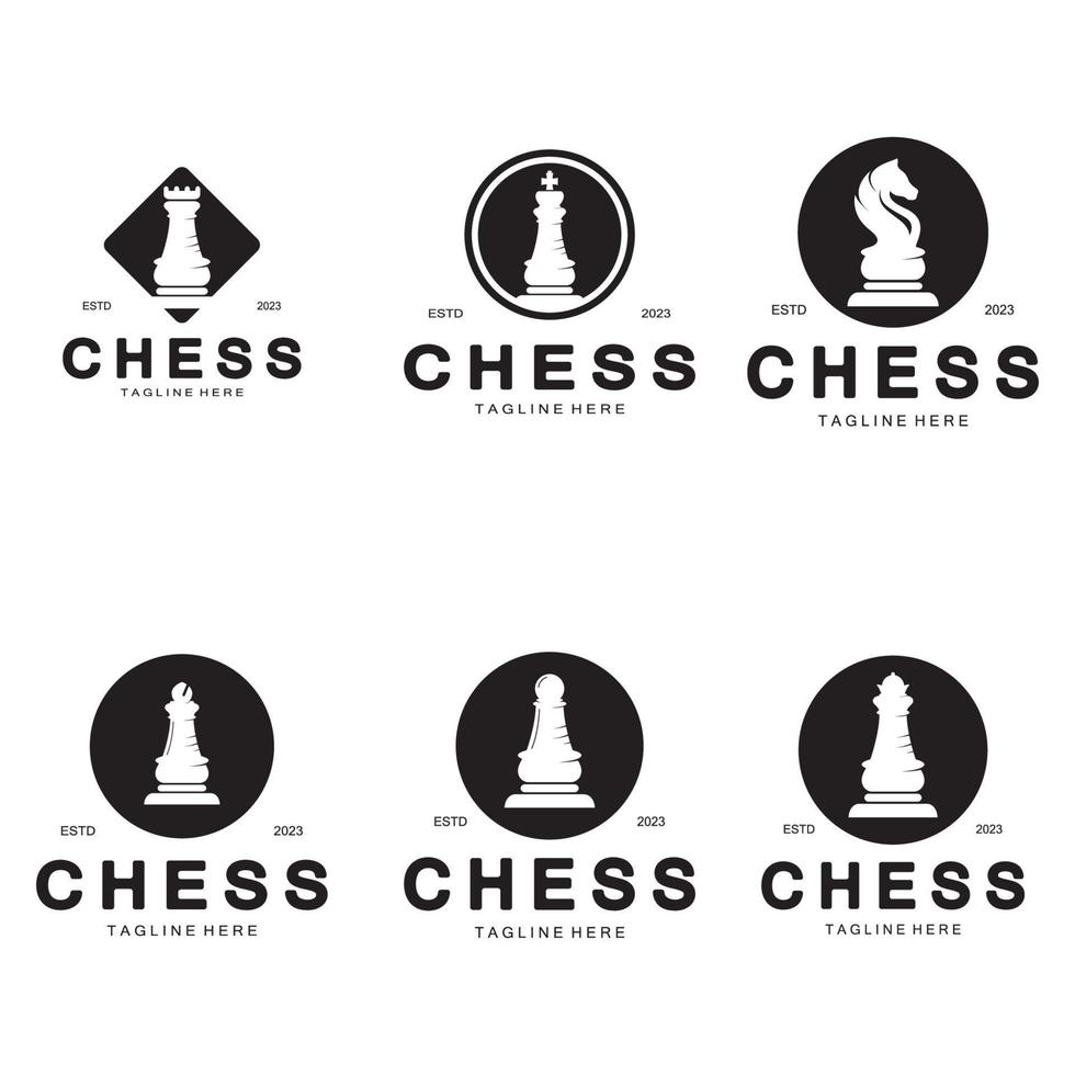 Chess strategy game logo with horse, king, pawn, minister and rook. Logo for chess tournament, chess team, chess championship, chess game application. vector
