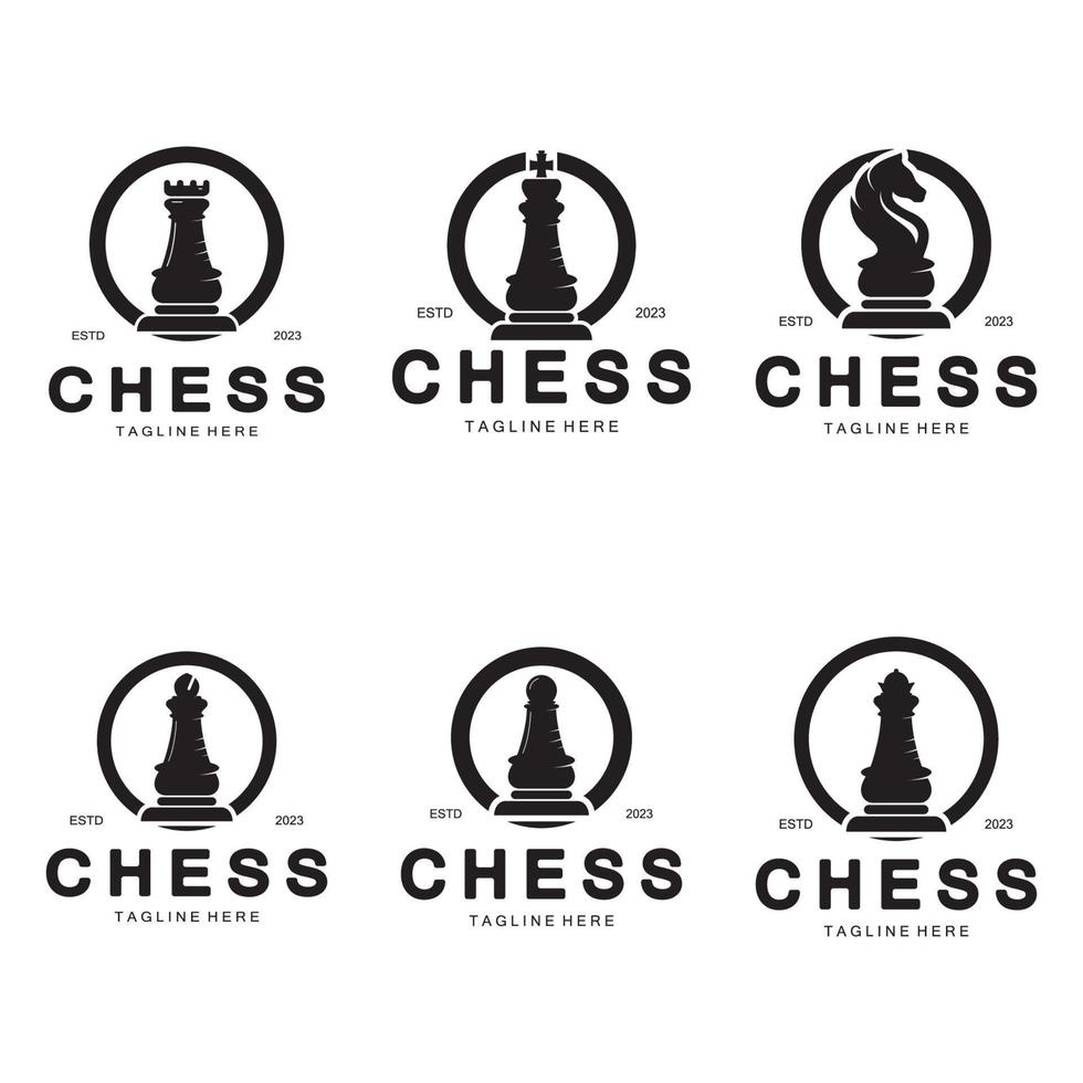 Chess strategy game logo with horse, king, pawn, minister and rook. Logo for chess tournament, chess team, chess championship, chess game application. vector