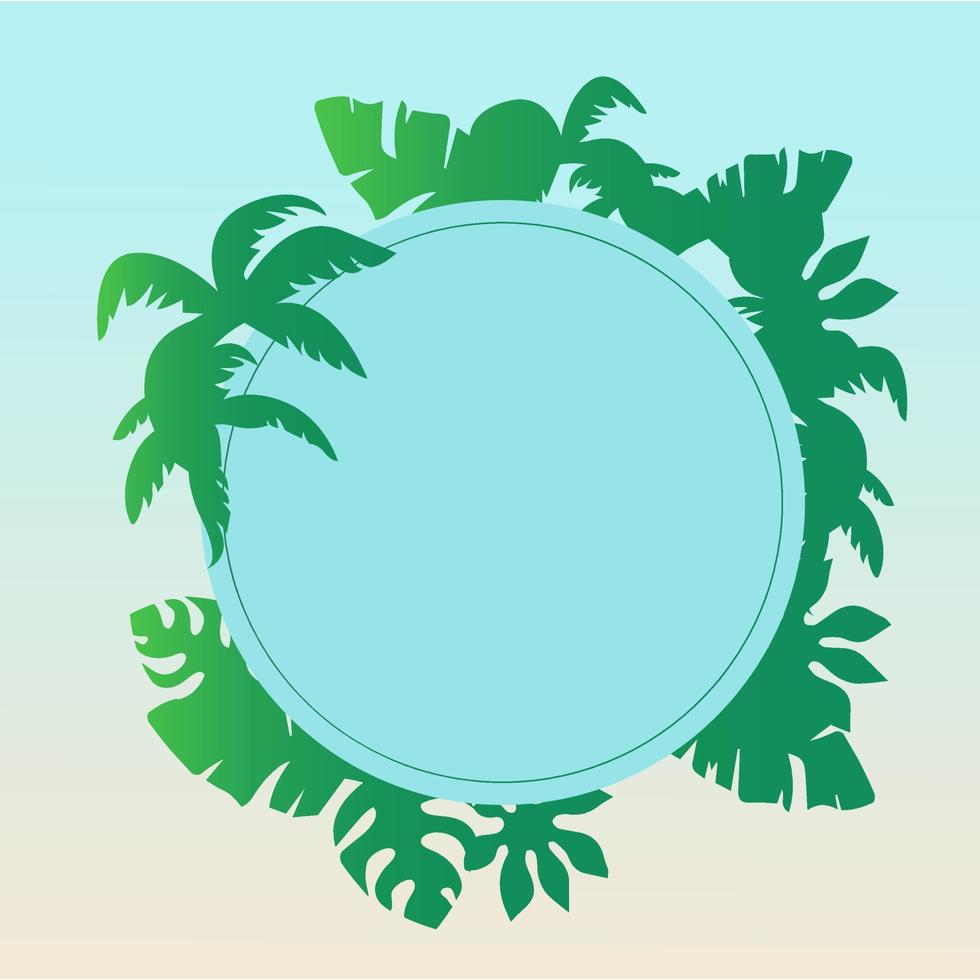 Tropical background with palm trees and circle frame. Template  for banner, menu cover, card. Vector illustration.