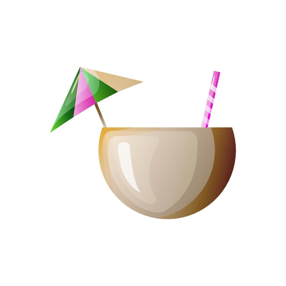 Coconut cocktail with straw and umbrella. Vector illustration on white background.