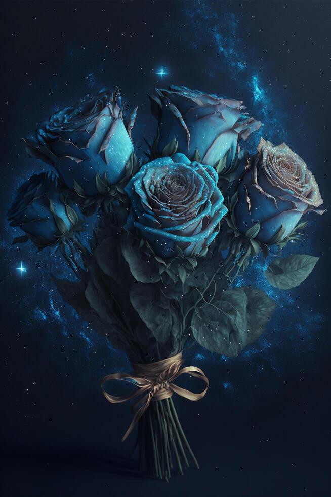 bunch of blue roses sitting on top of a table. . photo