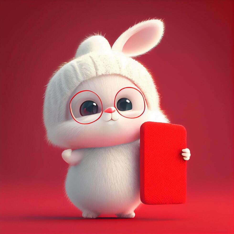 white rabbit with glasses holding a red object. . photo