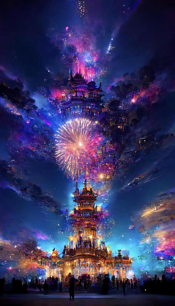 very tall building with fireworks in the sky. . photo