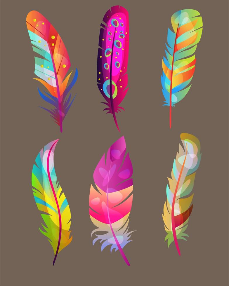 Brown background colorful feather icon set. Realistic collection of feathers vector icon for web design isolated on white background.