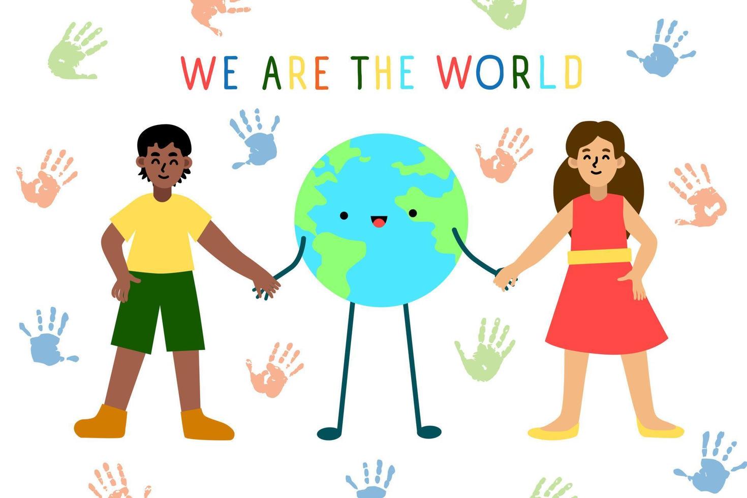 Earth Day. We are together. Children and our planet. Vector illustration in cartoon style. Cute kids for poster