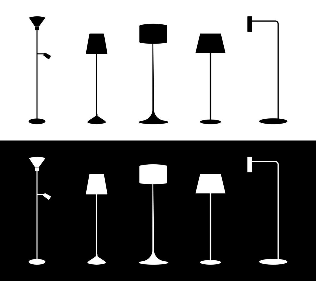Set of black and white floor lamp silhouettes. Vector icons.