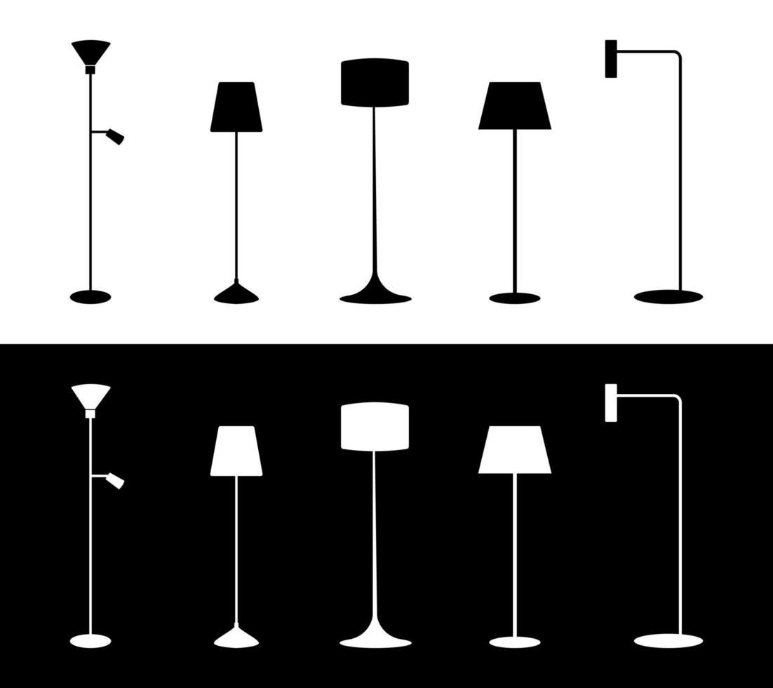 Set of black and white floor lamp silhouettes. Vector icons.