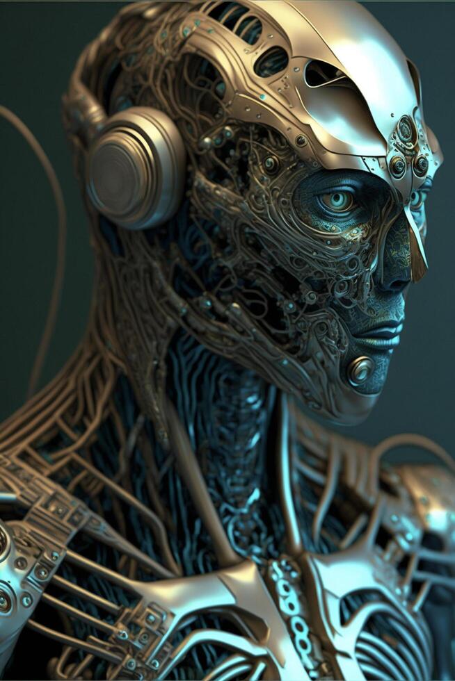 close up of a robot with headphones on. . photo
