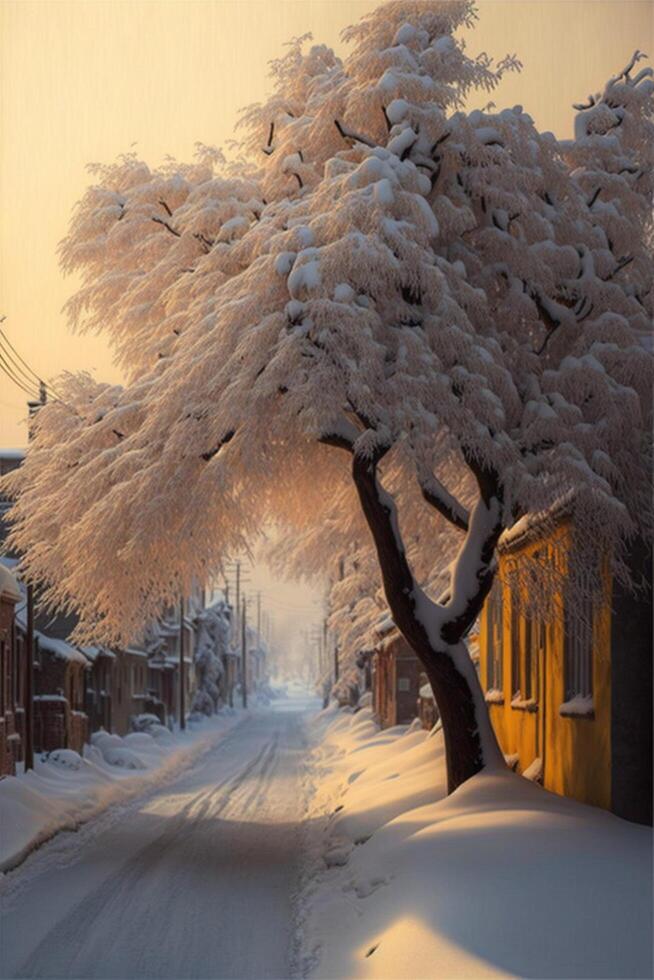 tree covered in snow next to a road. . photo