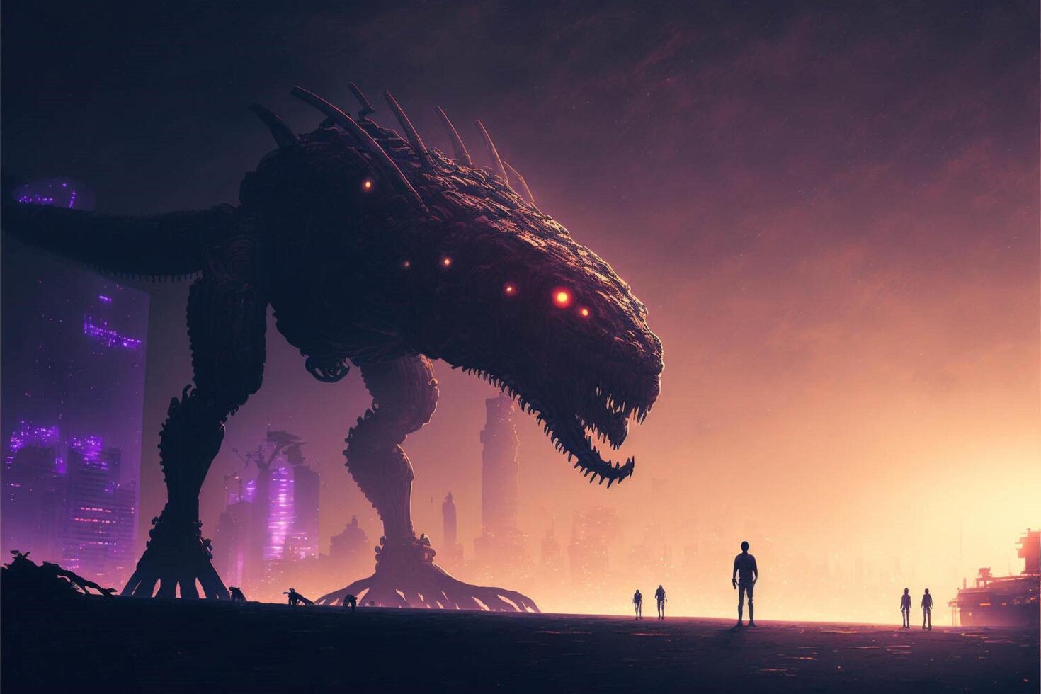 man standing in front of a giant monster. . photo