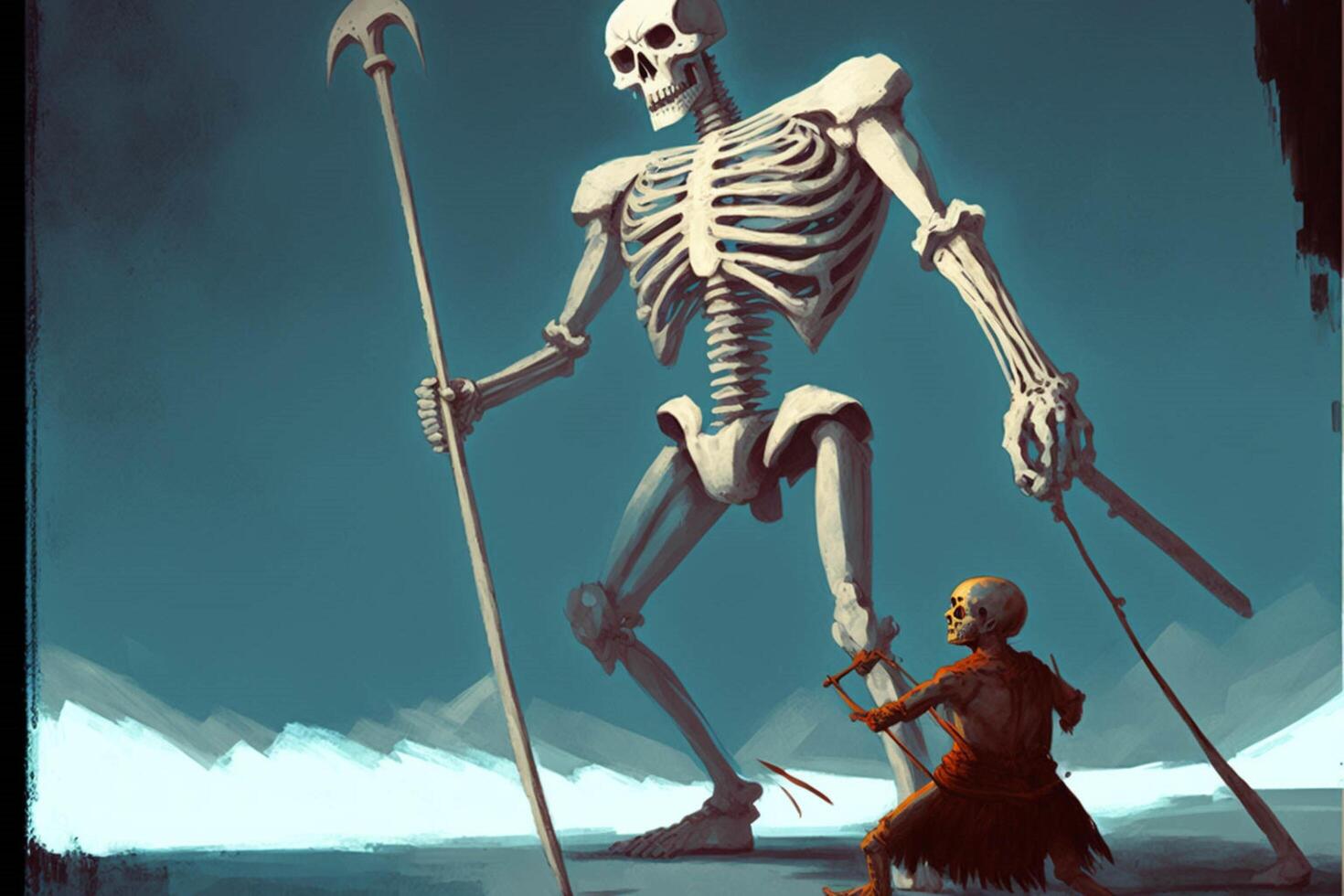 skeleton standing next to a man holding a scythe. . photo