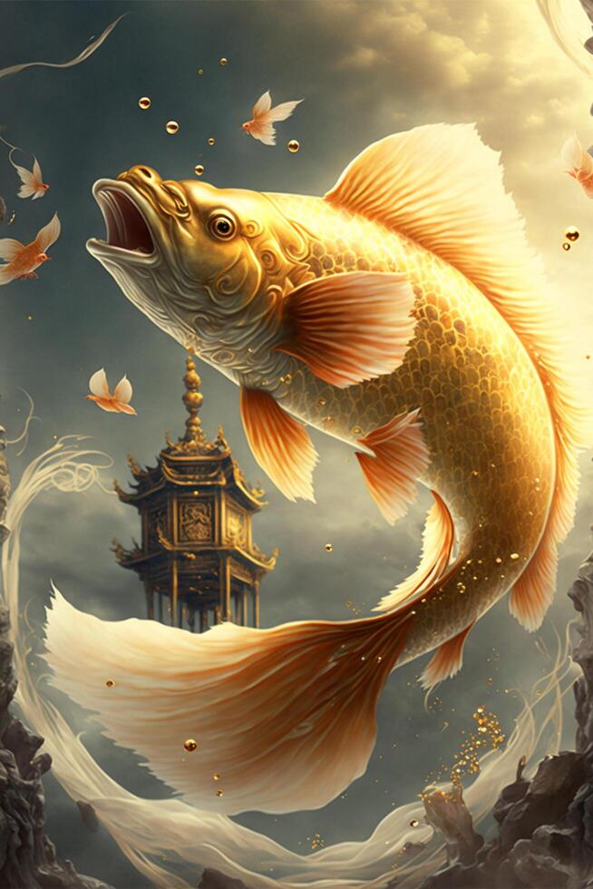 painting of a fish jumping out of the water. . photo