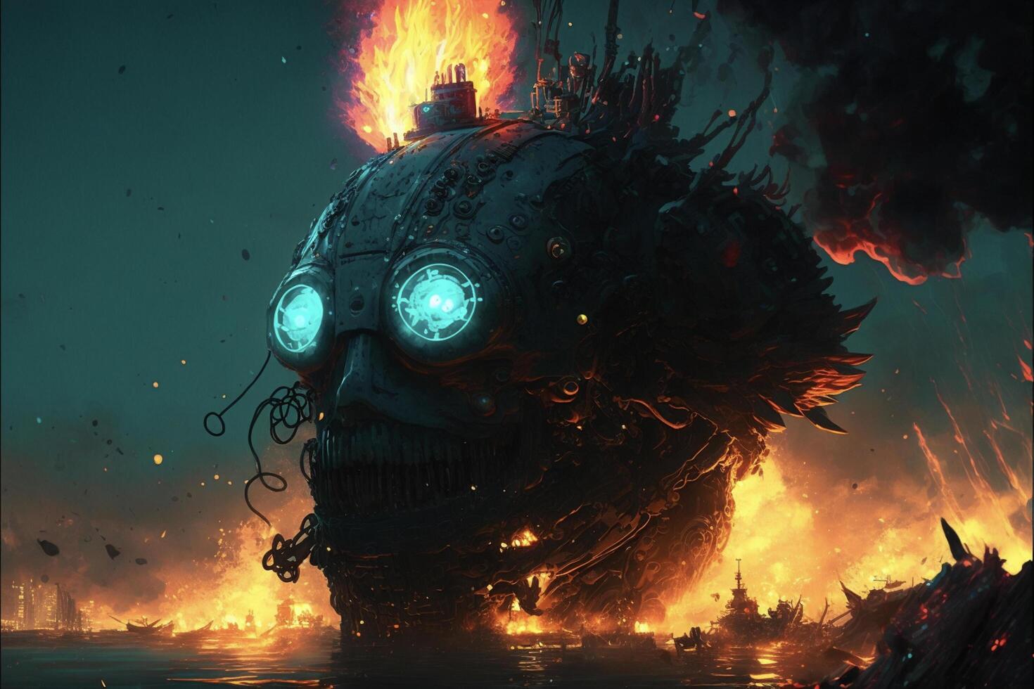 giant robot with glowing eyes standing in front of a fire. . photo