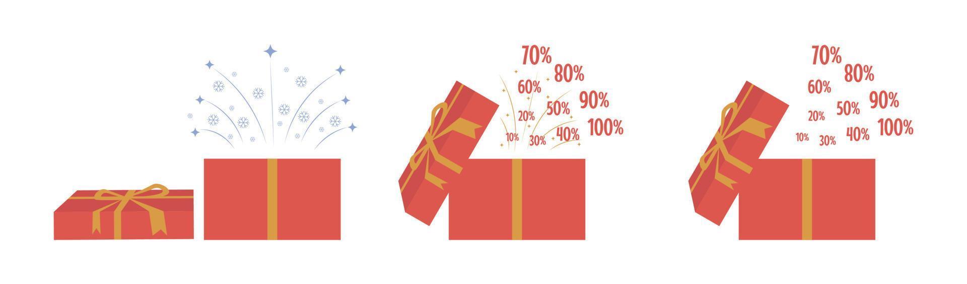 Set of gift boxes with fireworks and discounts vector