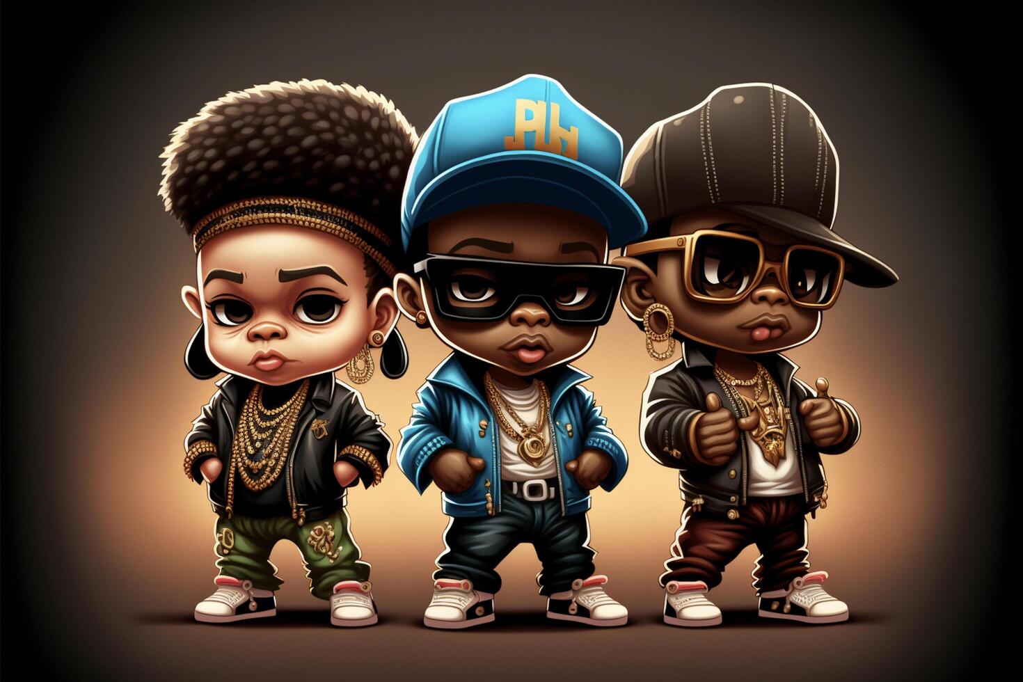 three cartoon children dressed in hip hop. . photo