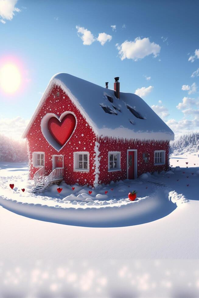 rojo casa con un corazón en el nieve. generativo ai. foto