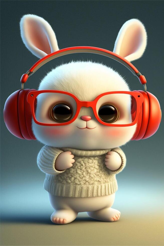 dibujos animados conejito vistiendo auriculares y un suéter. generativo ai. foto