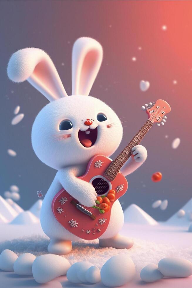 cartoon bunny playing a guitar in the snow. . photo