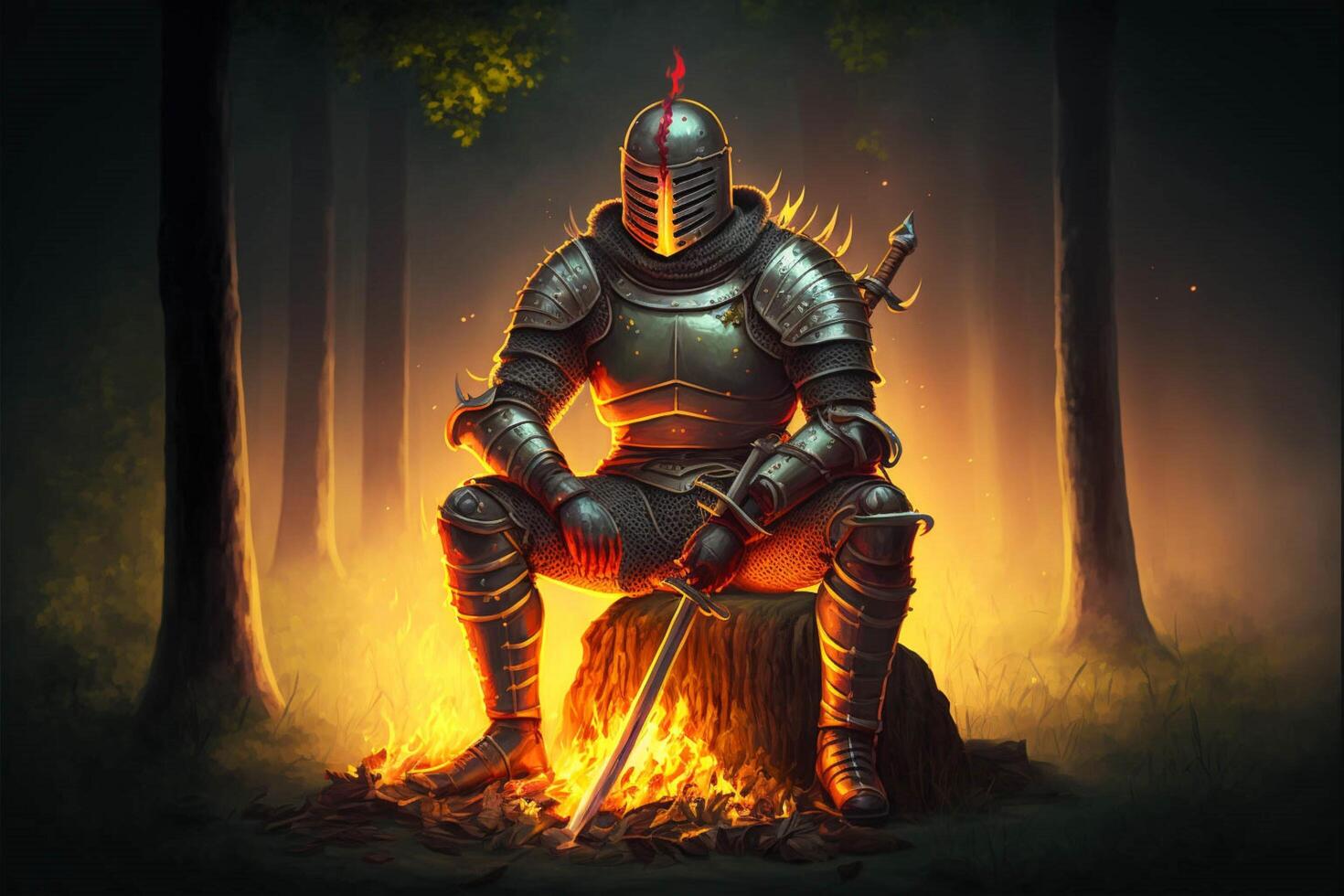 knight sitting on a stump in front of a fire. . photo