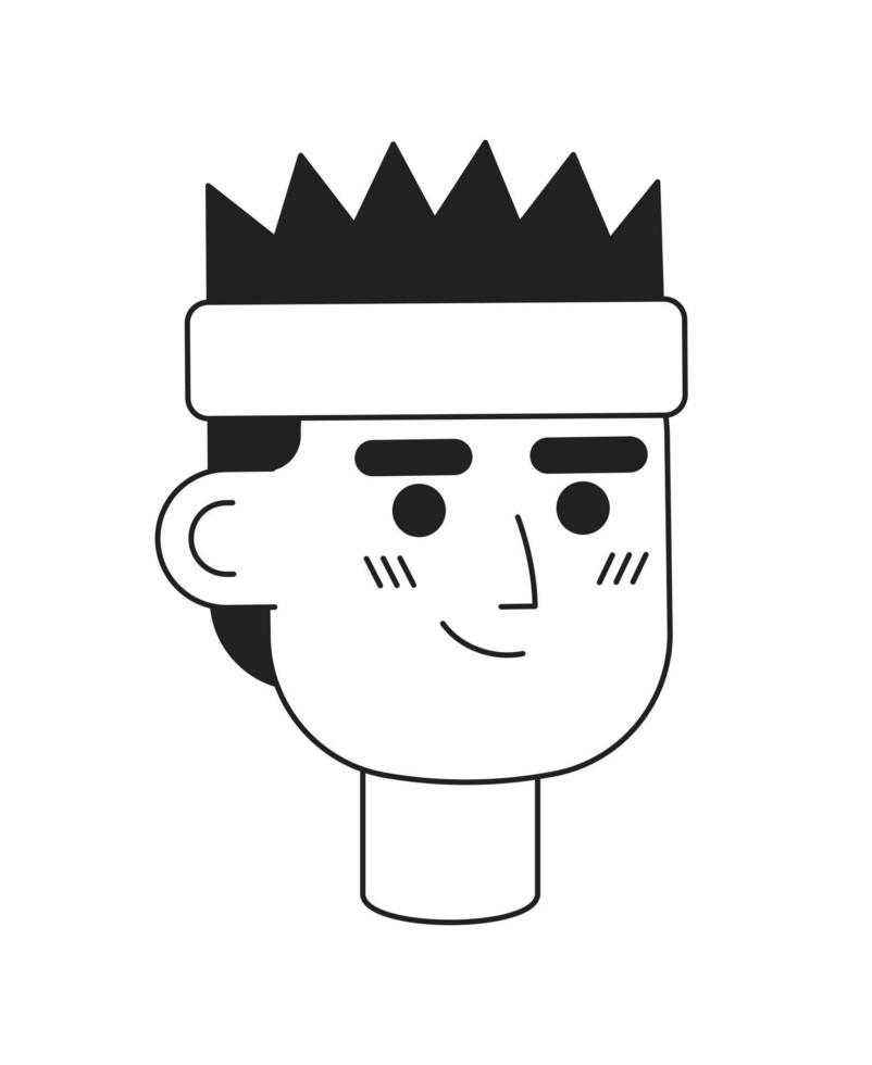 Smiling man with sport headband monochromatic flat vector character head. Editable black white cartoon face emotion. Hand drawn lineart ink spot illustration for web graphic design, animation