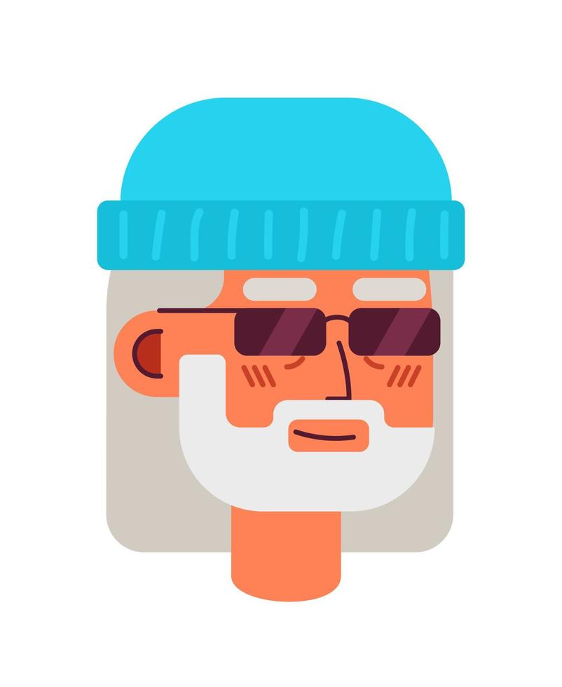 Aging hipster with sunglasses semi flat vector character head. Bearded grandpa. Editable cartoon style face emotion. Simple colorful avatar icon. Spot illustration for web graphic design and animation