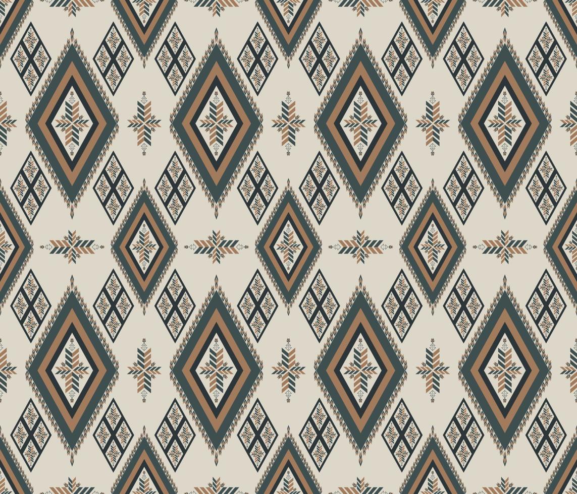 Ethnic folk geometric seamless pattern in dark green and brown tone in vector illustration design for fabric, mat, carpet, scarf, wrapping paper, tile and more