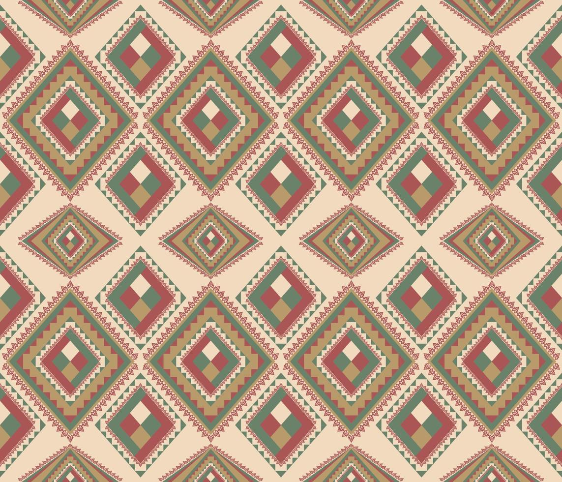 Ethnic folk geometric seamless pattern in red, green and brown tone in vector illustration design for fabric, mat, carpet, scarf, wrapping paper, tile and more