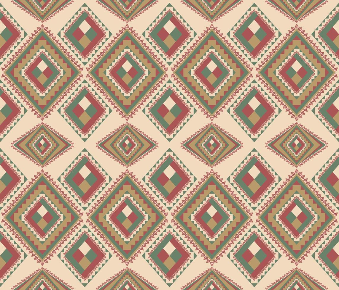 Ethnic folk geometric seamless pattern in red, green and brown tone in vector illustration design for fabric, mat, carpet, scarf, wrapping paper, tile and more