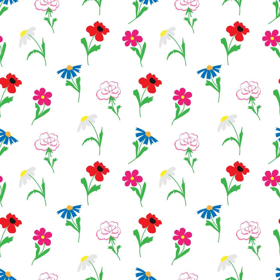 vector ilustración sin costura modelo de verano flores en blanco antecedentes. rosas, manzanilla, amapolas, kosmeya flores, acianos