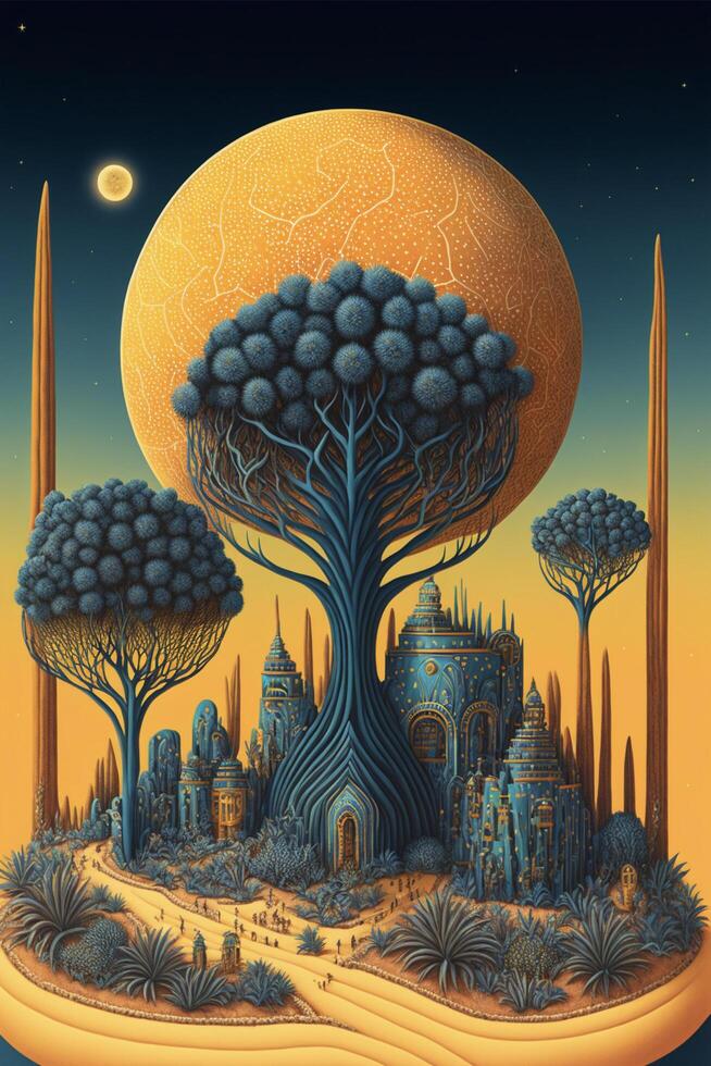 a painting of a city in the middle of a desert. . photo