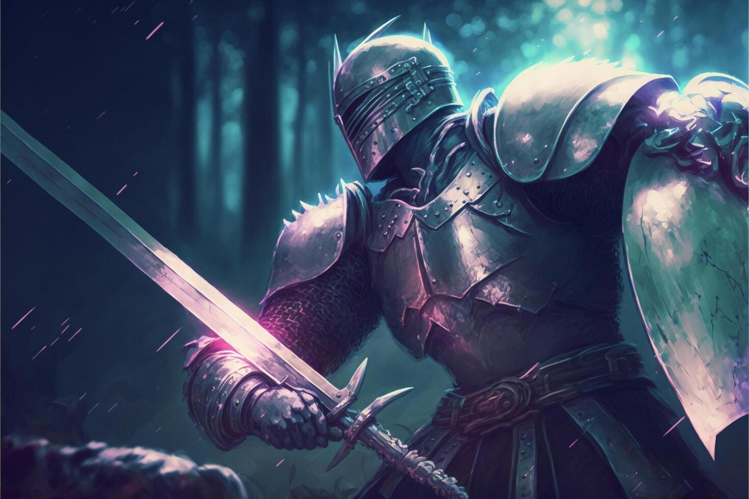 man in armor holding a sword in a forest. . photo