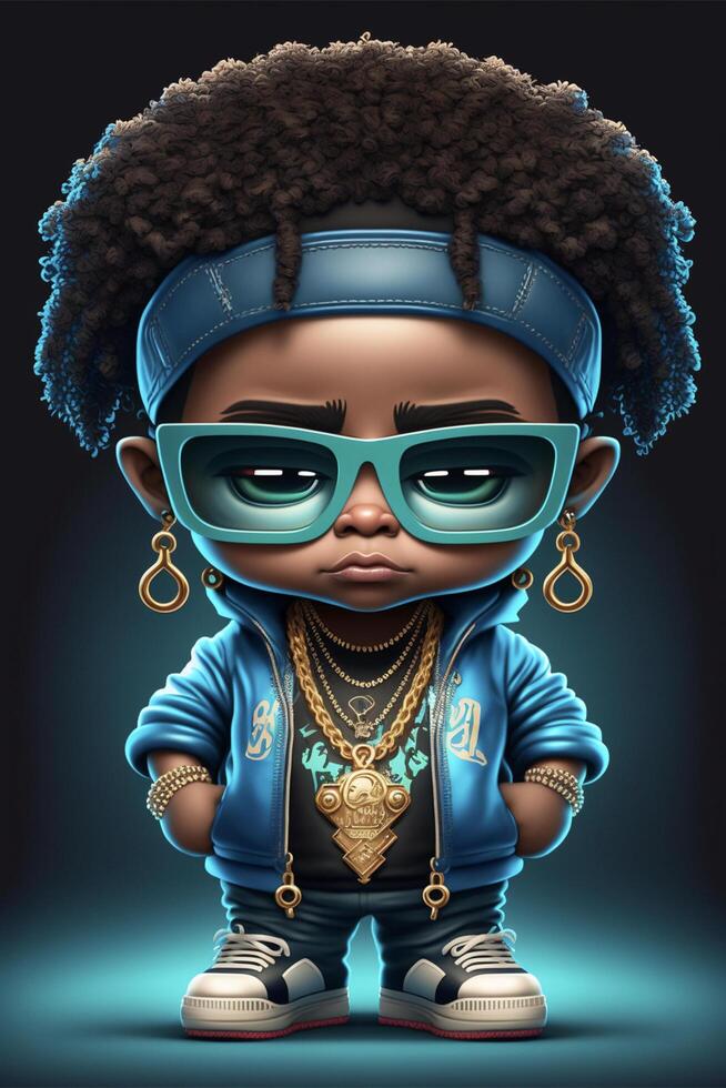 black kid wearing sunglasses and a blue jacket. . photo