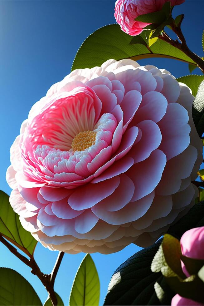 pink and white flower covered in snow. . photo