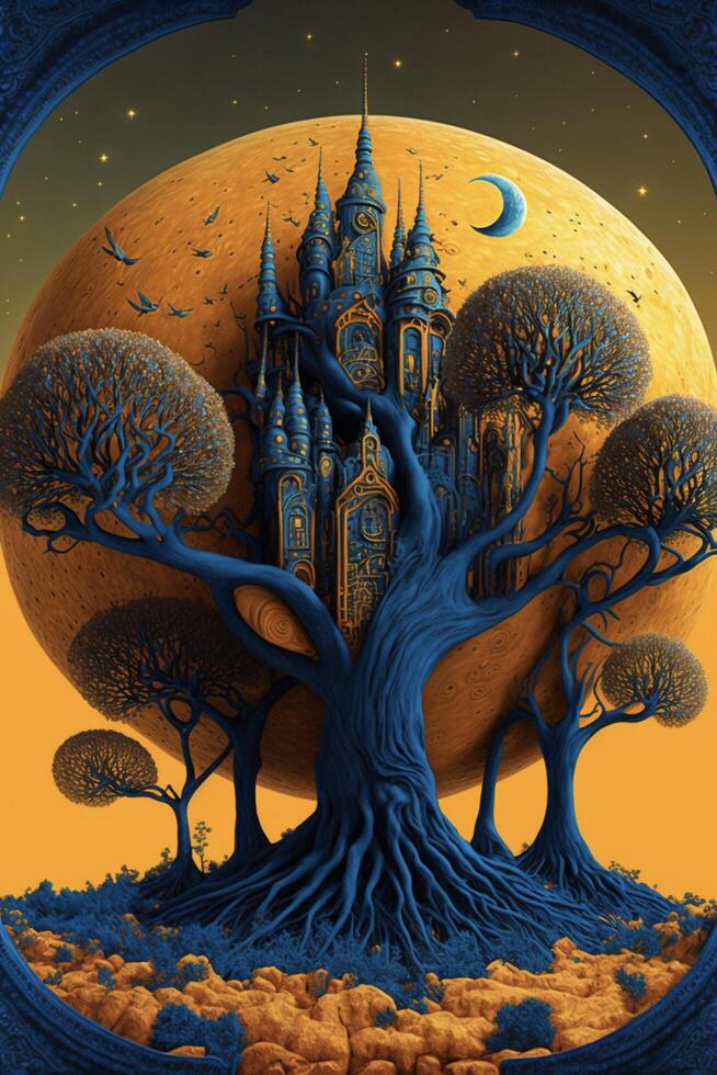 a painting of a castle surrounded by trees. . photo