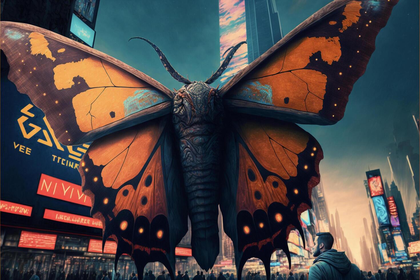 a giant butterfly statue in the middle of a city. . photo