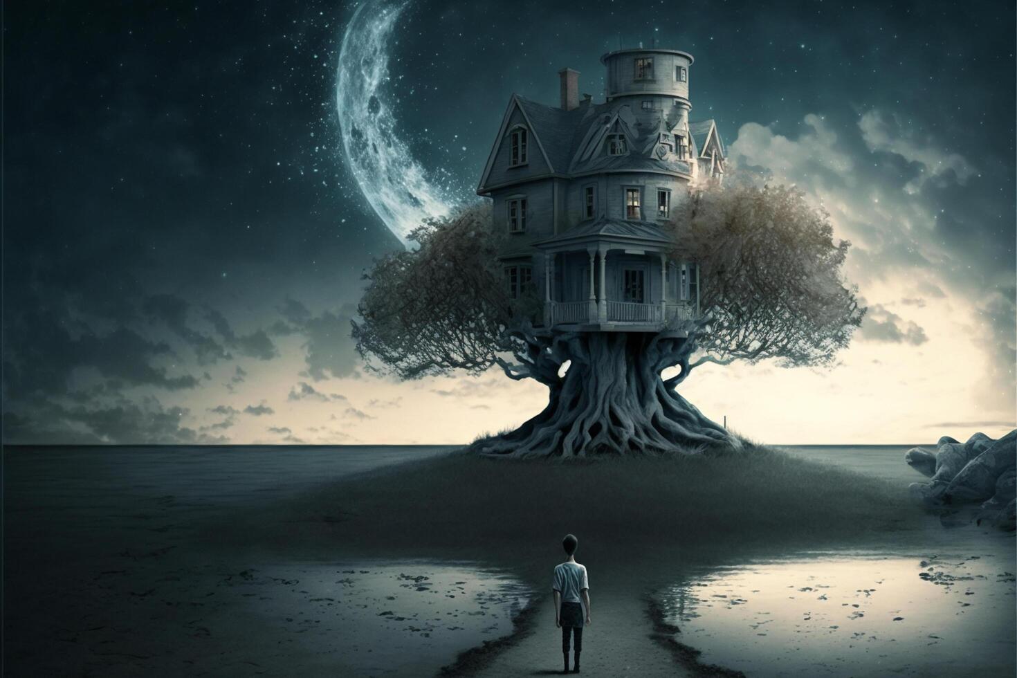 man standing in front of a tree house. . photo