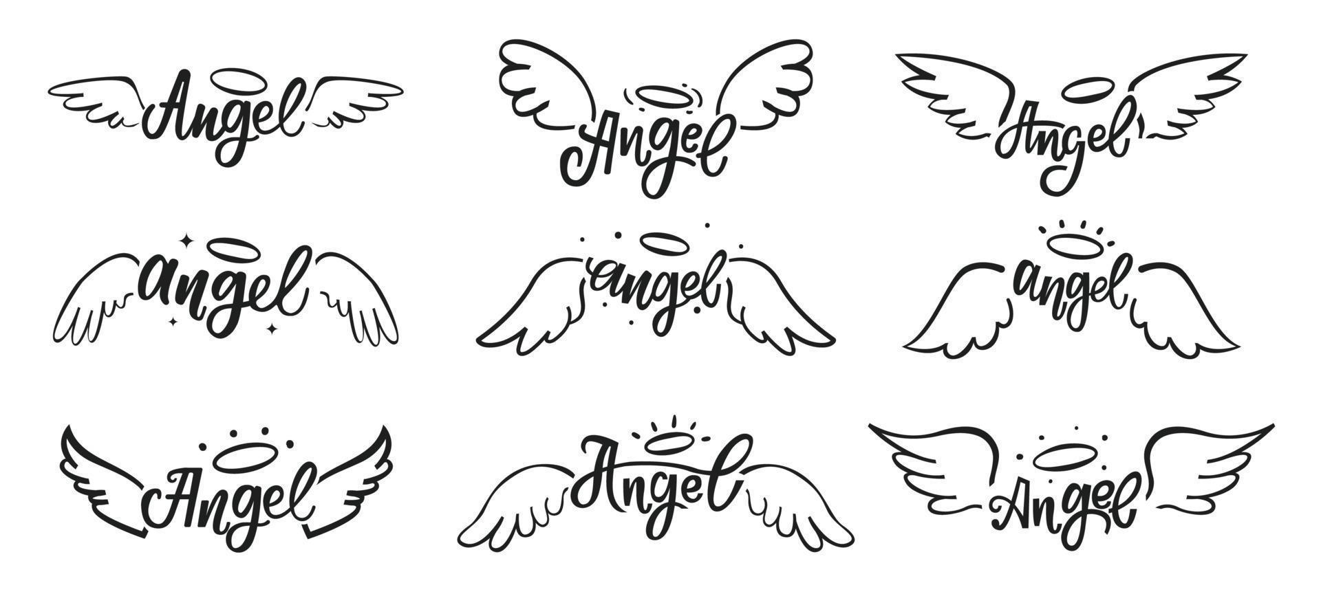 Hand drawn angel wings doodles. Holy angelic wing feathers tattoo with lettering. Magical bird wings with halo outline sketch vector set
