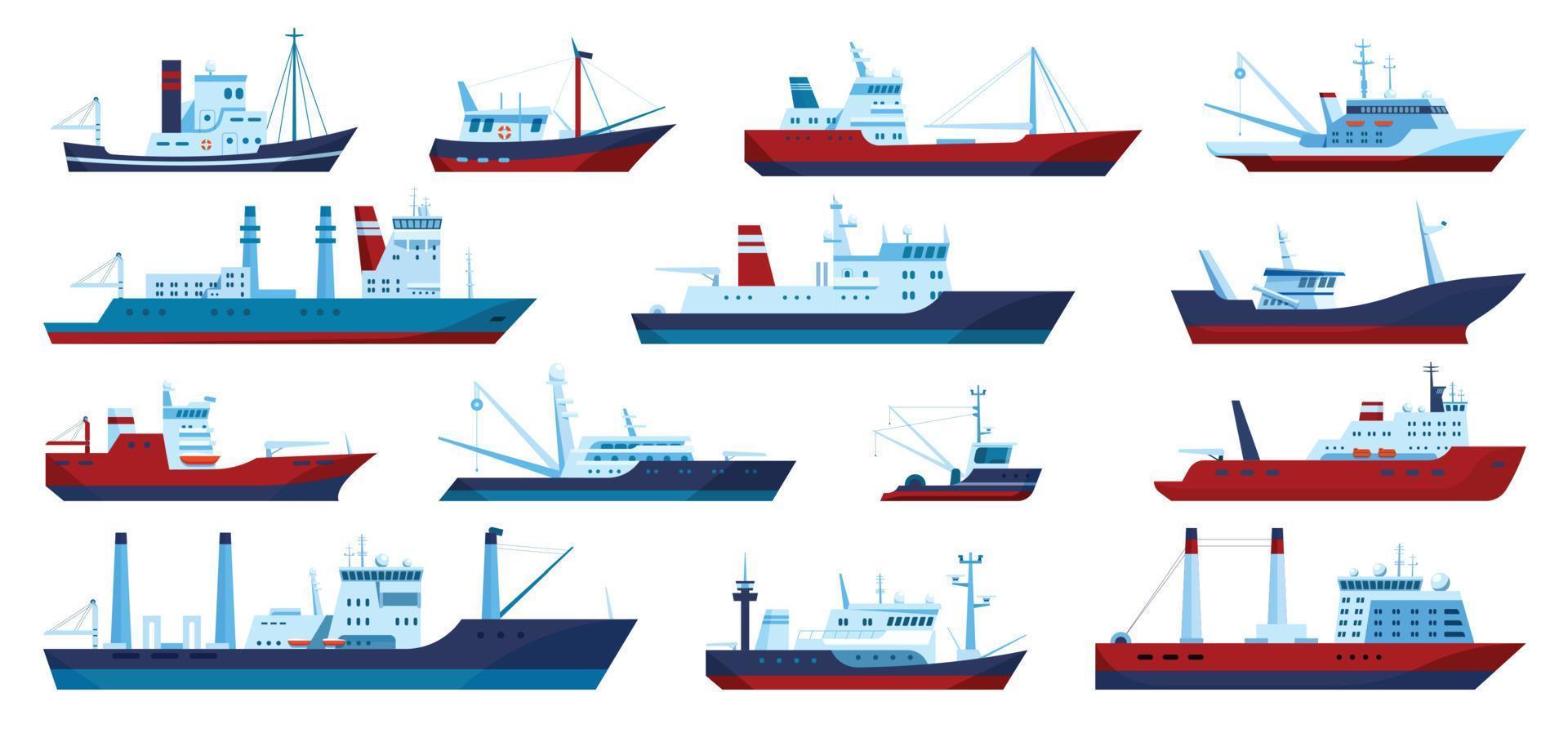 Fishing boats. Commercial fishing trawler yacht, fisherman ship, fisher boat. Flat marine fish catching vessels, sea transportation vector set