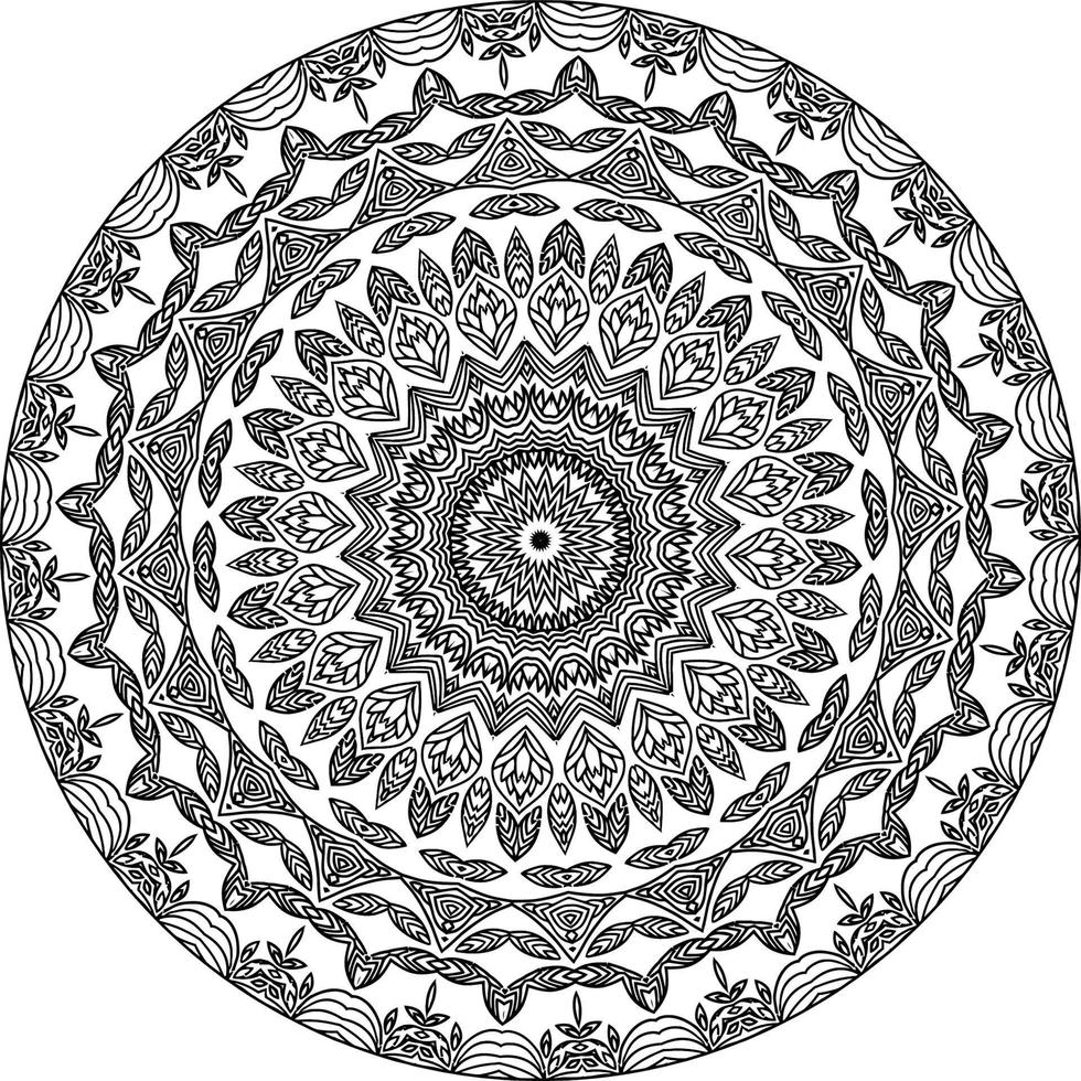 Simple doodle mandala with floral and heart patterns on a white isolated background. For coloring book pages. vector