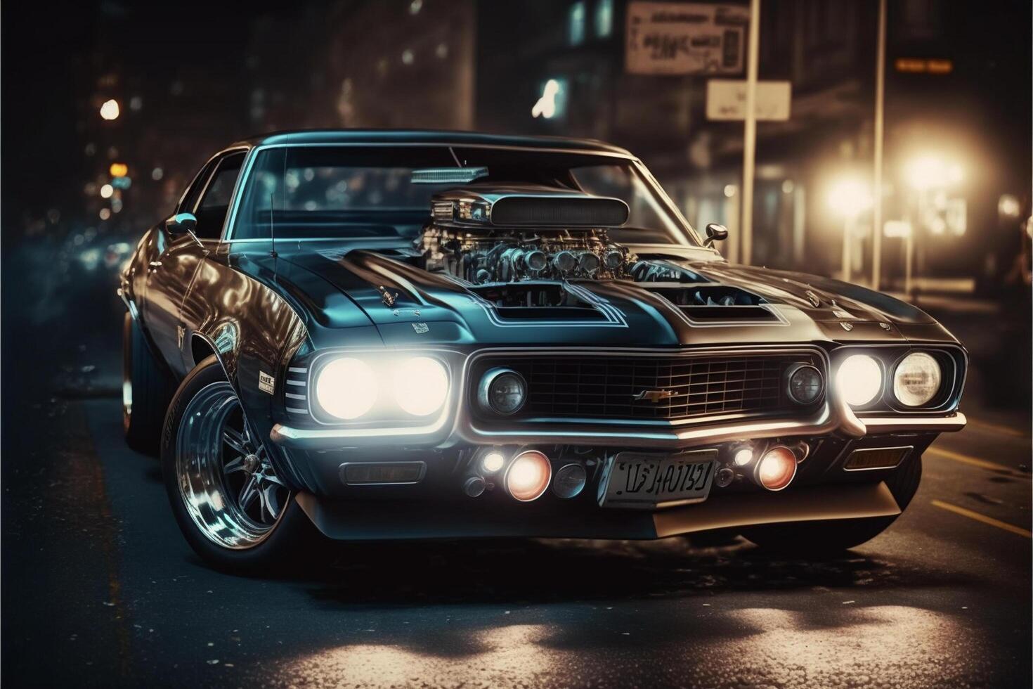 car parked on the side of the road at night. . photo