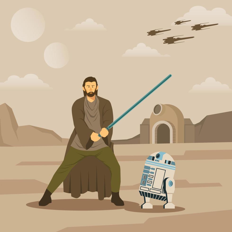 Space Knight with His Robot at the Desert vector